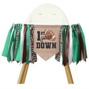 First Year Down High Chair Banner - Green, Brown & White Football Theme